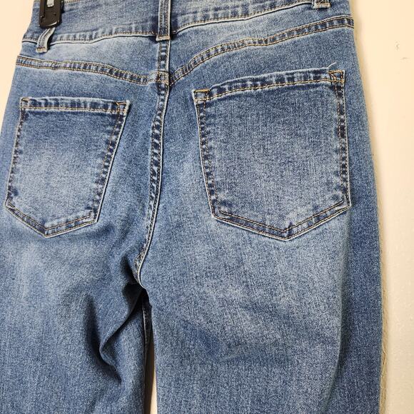 No Boundaries Junior Distressed Flare Leg Raw Hem Double Button Jeans SZ 3 Blue - Picture 6 of 11